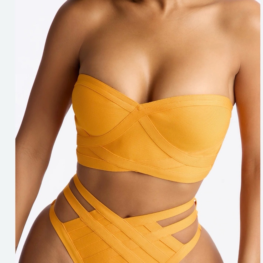 Strapless Mustard Yellow Bandeau Bikini Set - Women Swim